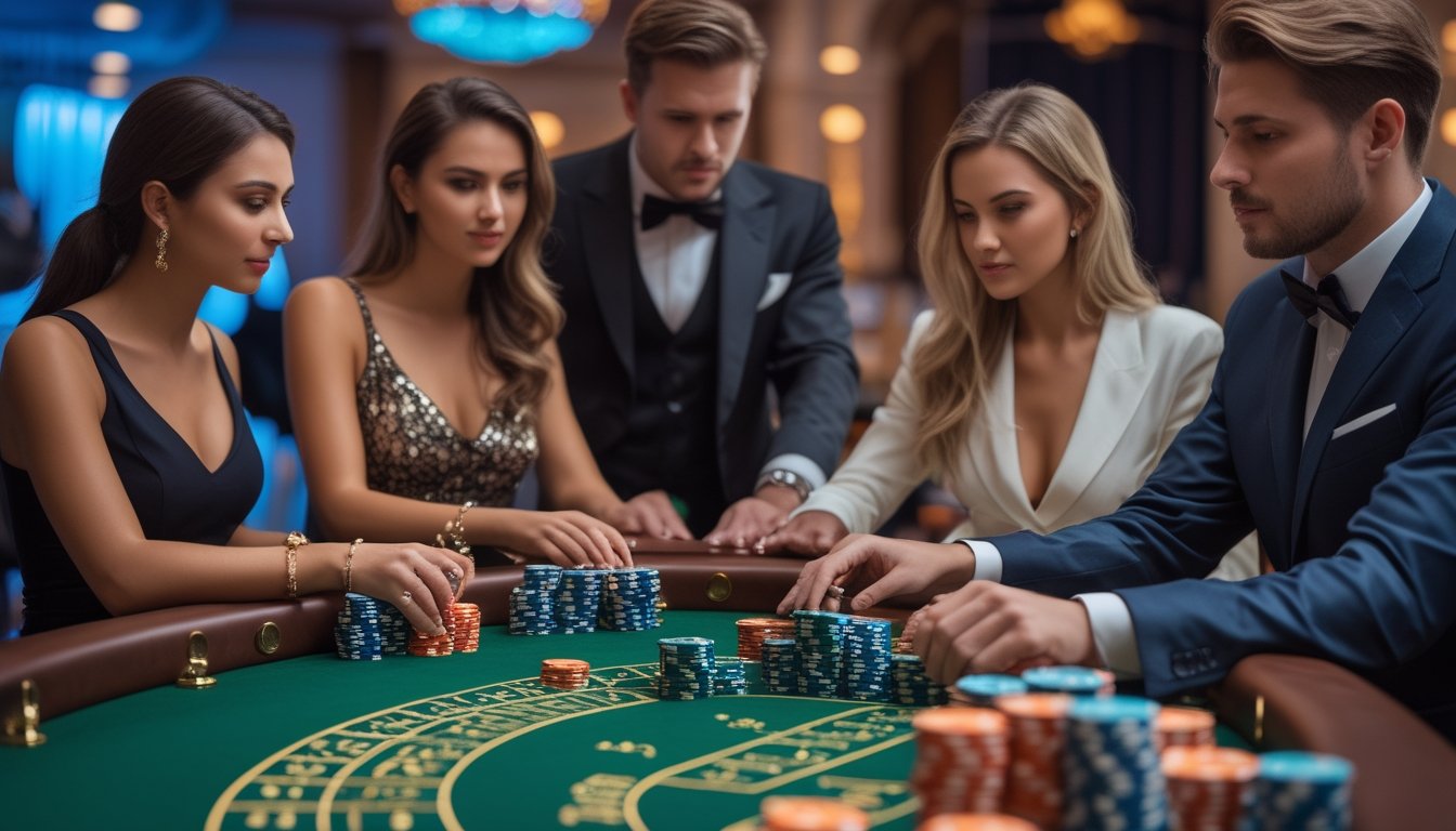 Meja kasino dengan kartu baccarat dan chip poker, dikelilingi oleh pemain yang fokus bermain.