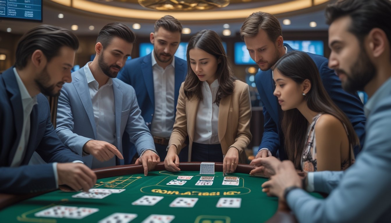 Orang-orang sedang memperhatikan dan berdiskusi pola kartu pada meja baccarat klasik di kasino.