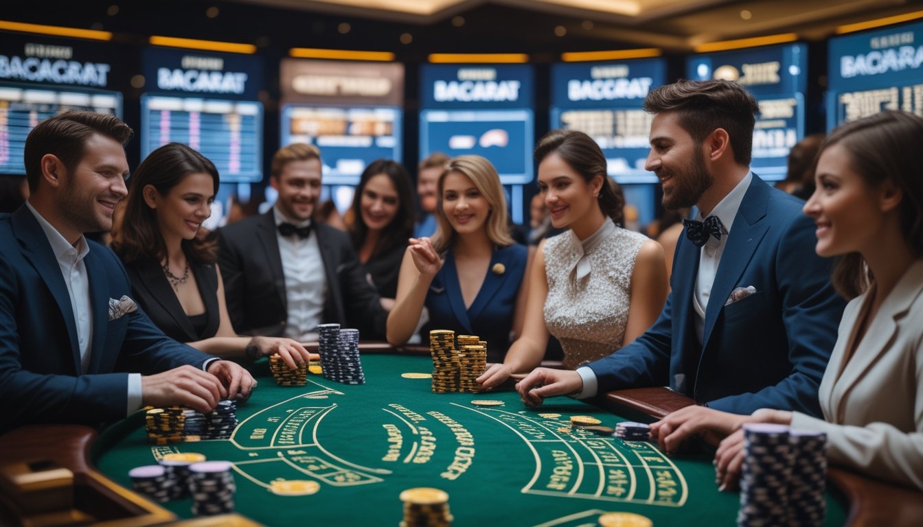 Meja baccarat dengan kartu dan chip, dikelilingi pemain yang fokus dalam suasana kasino online modern.