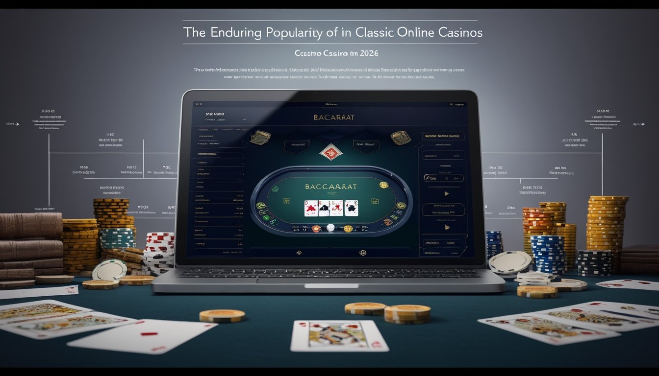 Layar komputer menampilkan permainan baccarat klasik dengan kartu dan chip, dikelilingi oleh elemen yang menggambarkan sejarah dan evolusi permainan tersebut.