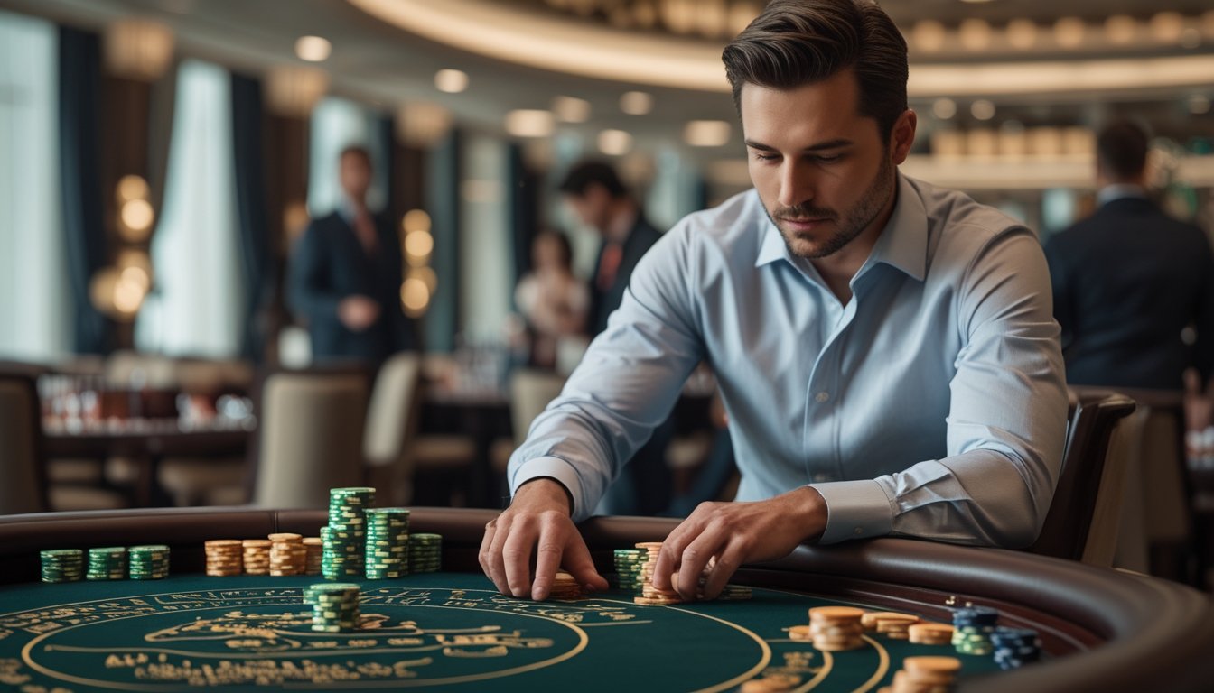 Seorang pemain di meja baccarat klasik sedang menata chip dengan fokus, di latar belakang suasana kasino yang elegan.