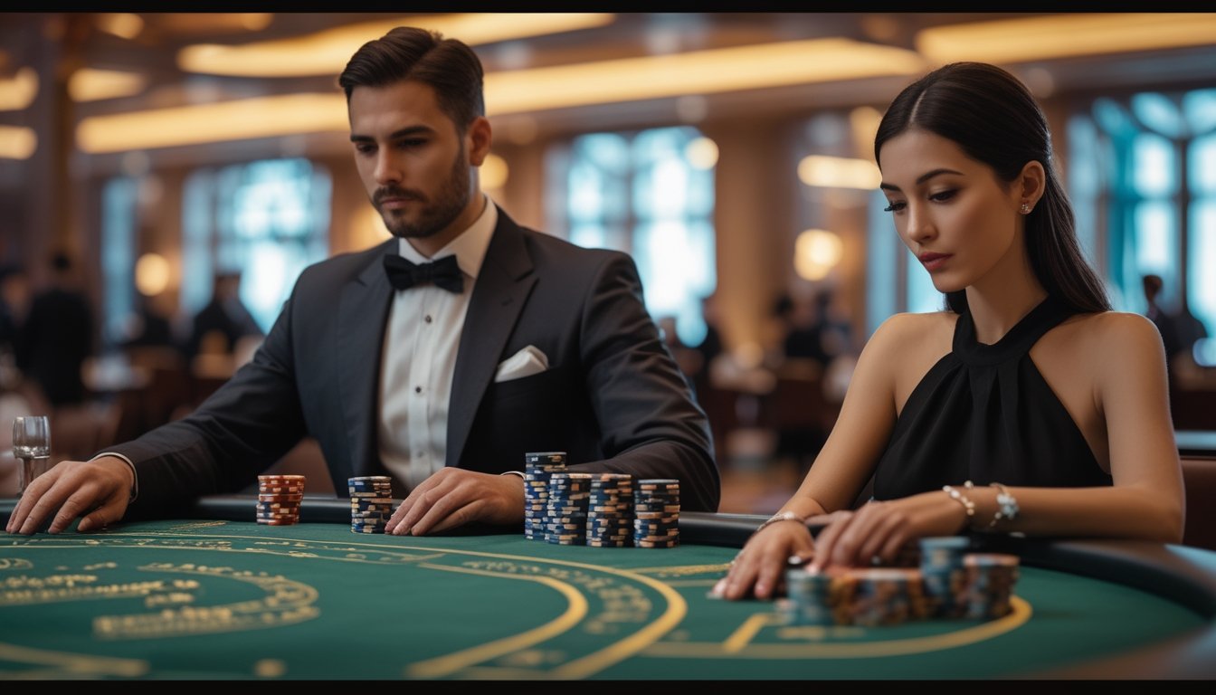 Seorang pria dan wanita duduk di meja baccarat dengan tumpukan chip, bermain di kasino yang mewah dan terang.