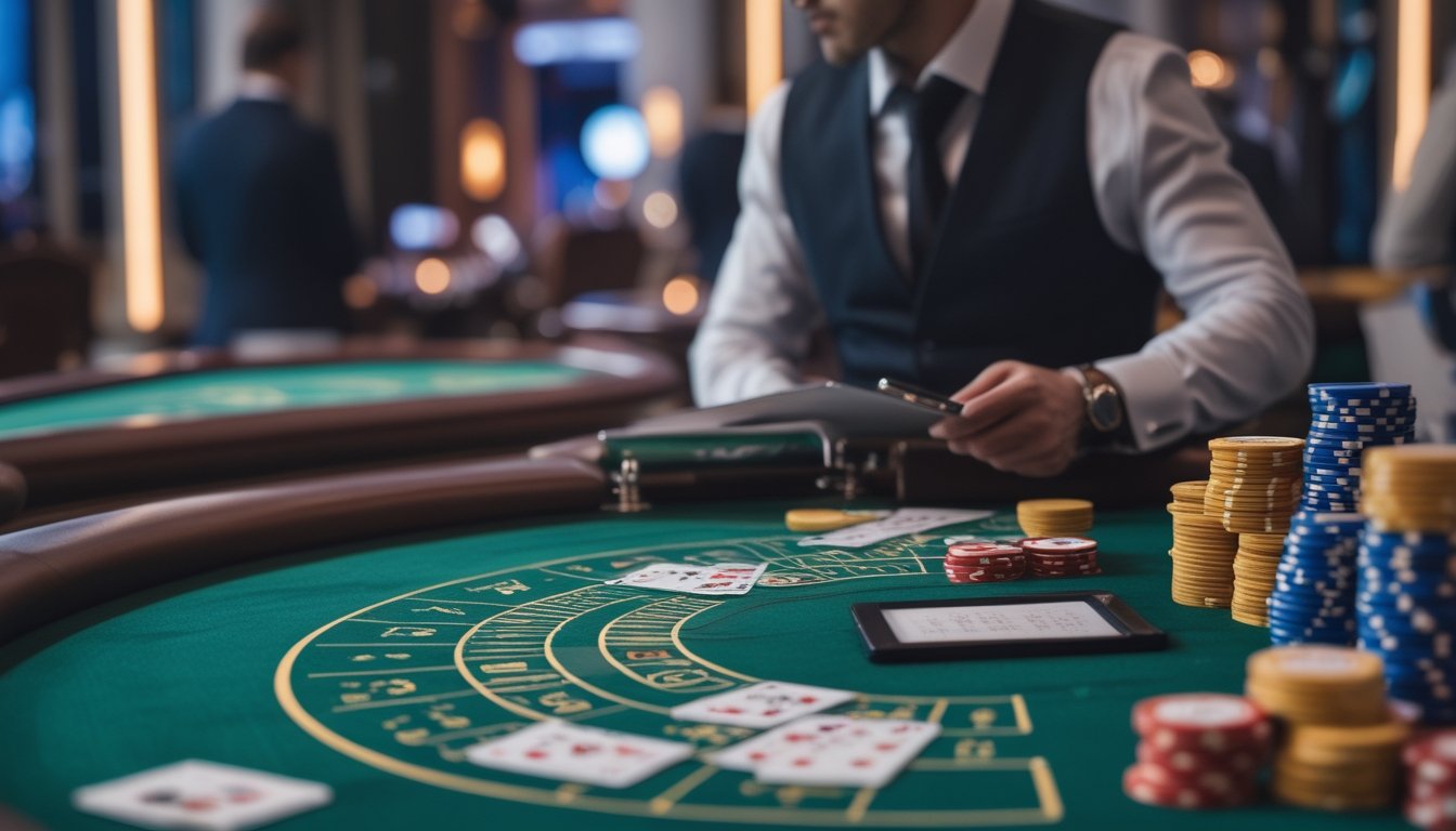 Seorang pria berpakaian rapi mengamati meja baccarat dengan kartu dan tumpukan chip di kasino.