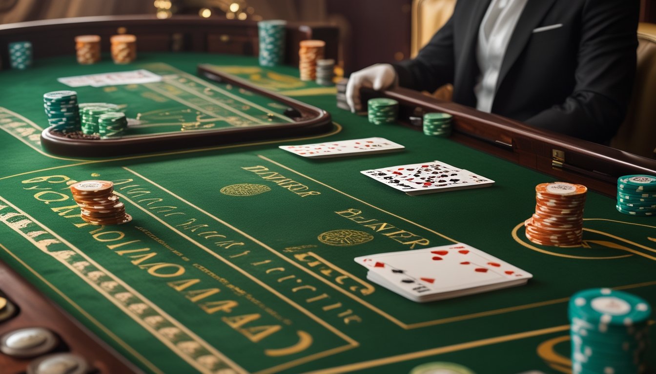 Meja permainan baccarat klasik dengan kartu dan tumpukan chip di kasino yang elegan.