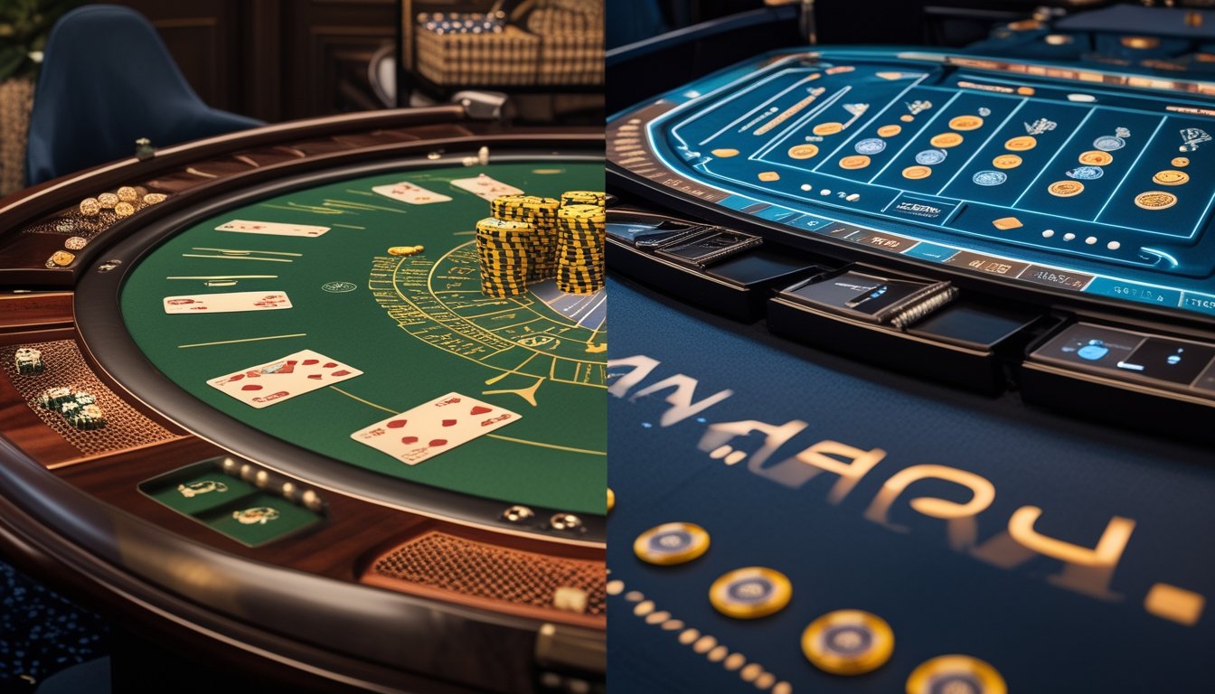 Meja permainan Baccarat yang terbagi menjadi dua sisi, satu dengan peralatan klasik dan satu dengan peralatan modern di dalam kasino mewah.