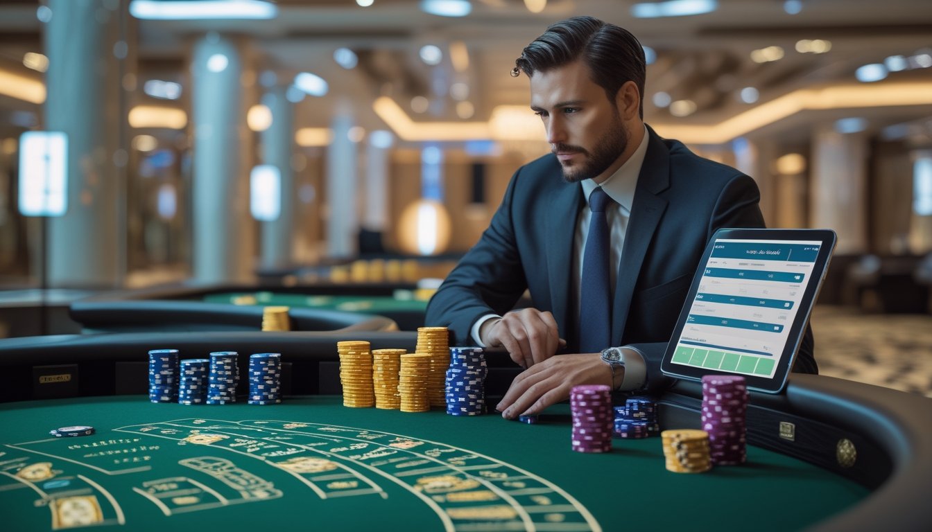 Seorang pemain di meja baccarat dengan kartu dan tumpukan chip, memegang tablet di kasino mewah.