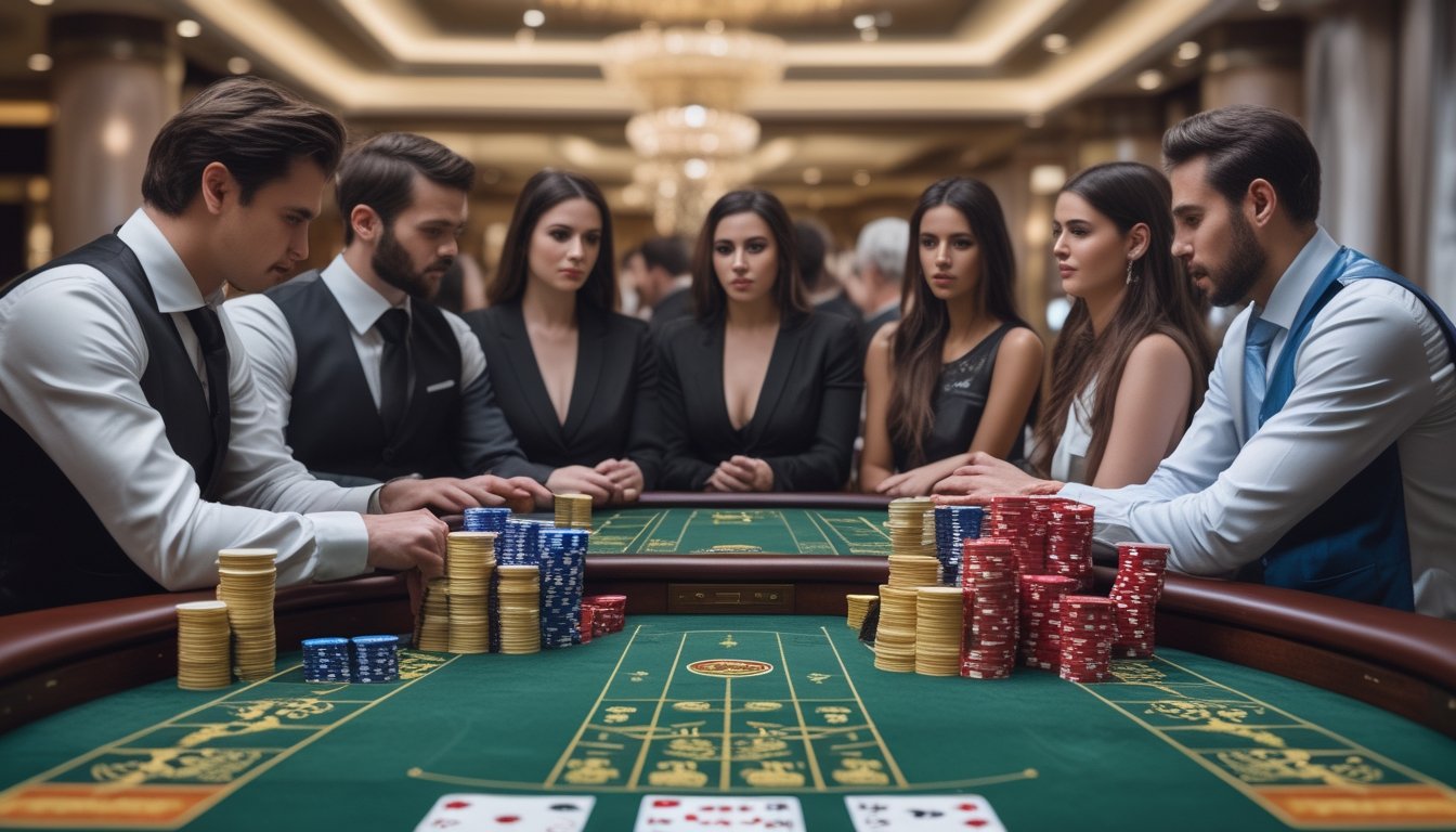 Meja permainan Baccarat dengan pemain yang sedang fokus dan tumpukan chip kasino di lingkungan kasino yang mewah.