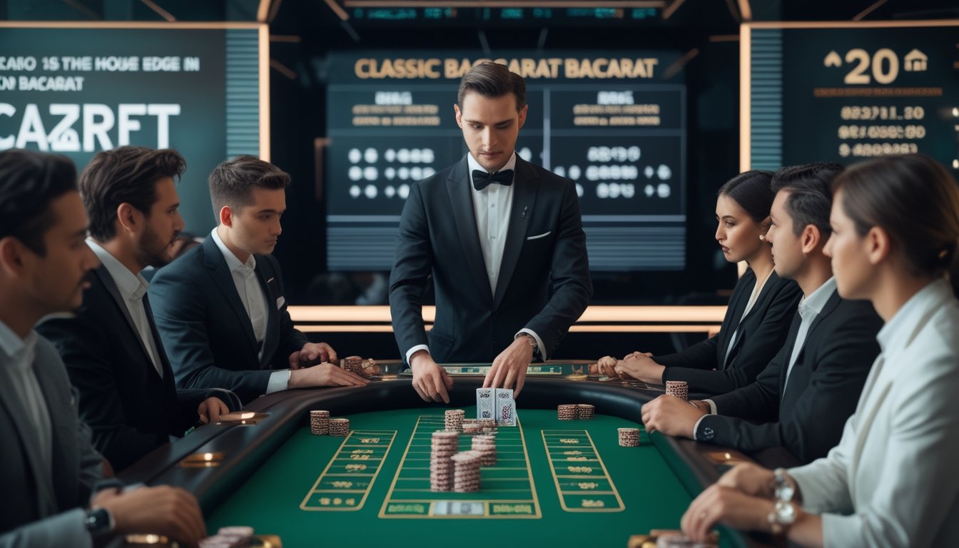 Seorang dealer dan beberapa pemain sedang bermain baccarat di meja kasino dengan suasana modern dan tampilan digital di latar belakang.