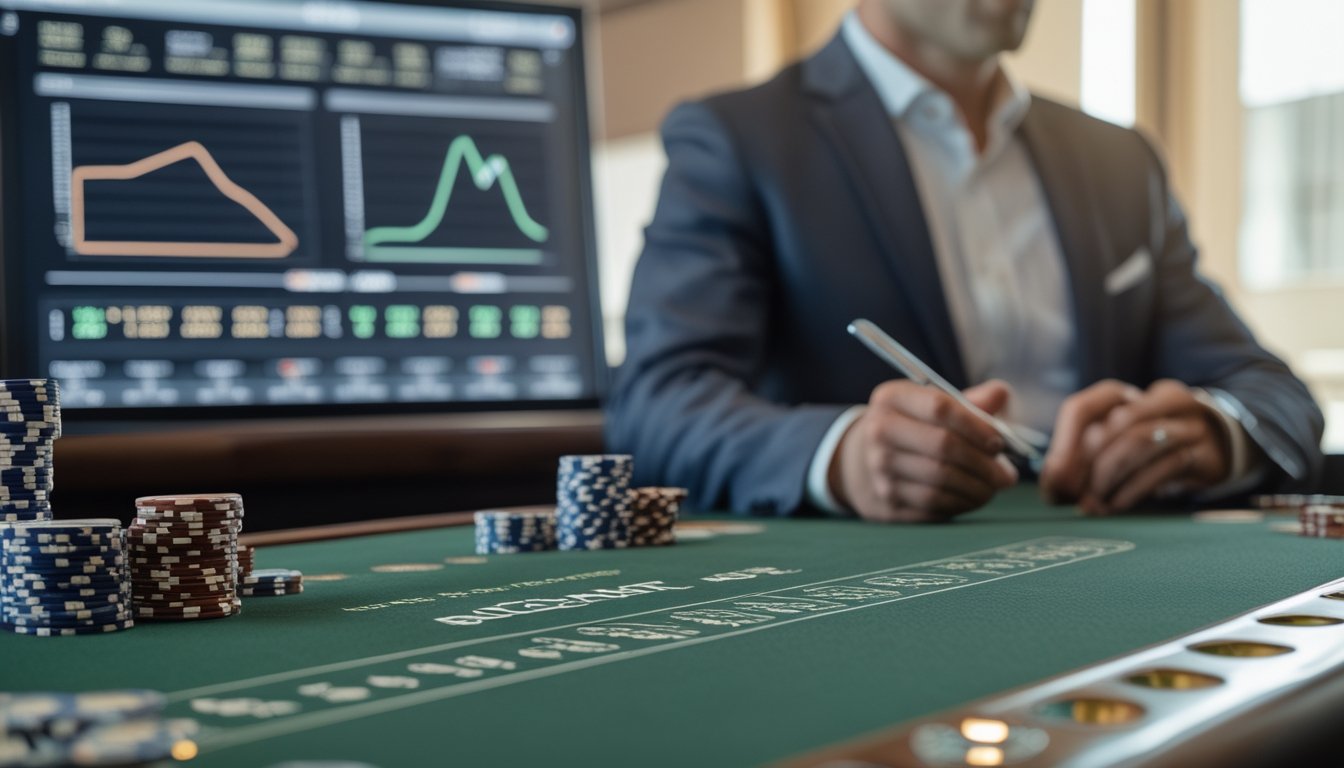 Suasana meja permainan Baccarat dengan kartu dan chip, seseorang sedang menganalisis permainan menggunakan pena dan buku catatan.