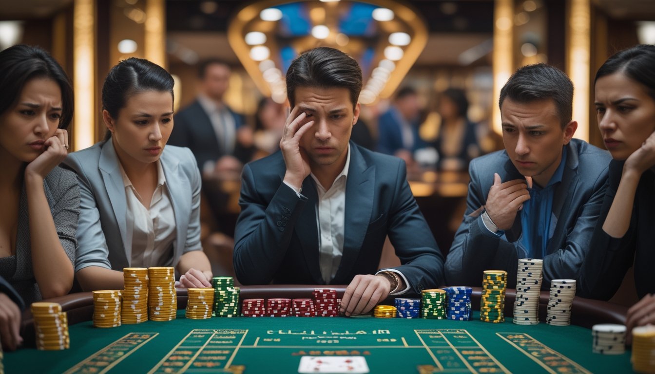 Lima pemain baccarat klasik duduk di meja kasino dengan ekspresi serius dan bingung, kartu dan chip tersebar di atas meja hijau.