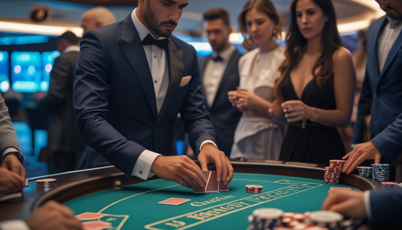 Beberapa pemain dan seorang bandar sedang bermain baccarat di meja kasino dengan ekspresi serius dan fokus.