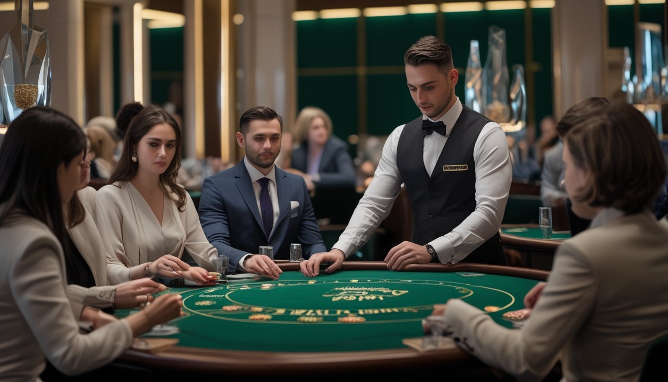 Meja permainan Baccarat dengan dealer dan pemain yang sedang bermain dengan serius di sebuah kasino modern.