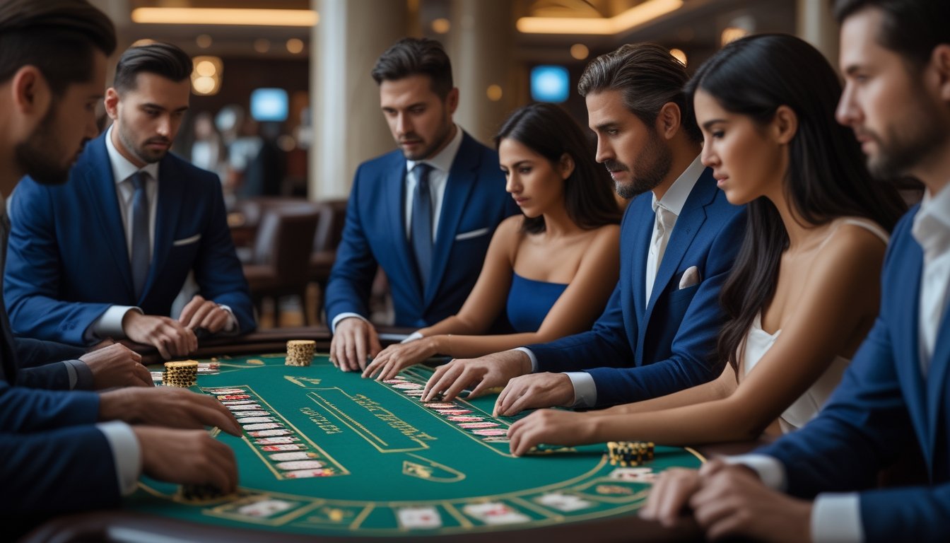 Meja permainan baccarat klasik dengan pemain yang fokus dan suasana kasino yang aman dan terkendali.