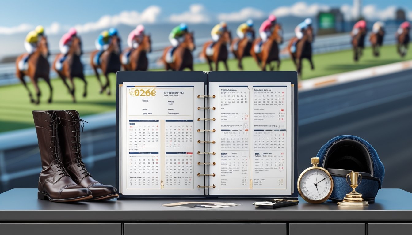 Meja dengan kalender terbuka menampilkan jadwal balap kuda tahun 2026, dikelilingi perlengkapan balap kuda dan latar belakang lintasan balap dengan kuda dan joki sedang berlomba.
