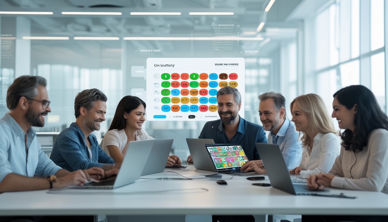 Beberapa orang dewasa sedang menggunakan perangkat digital di ruang kantor modern untuk bermain togel online dengan suasana aman dan terpercaya.