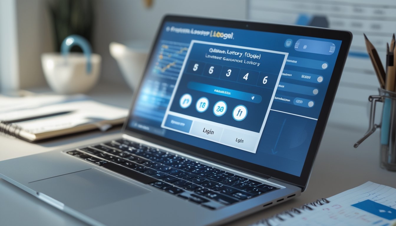 Seorang pengguna di depan laptop dengan tampilan antarmuka togel online, di meja terdapat ponsel dan buku catatan, menunjukkan suasana kerja yang rapi dan aman.