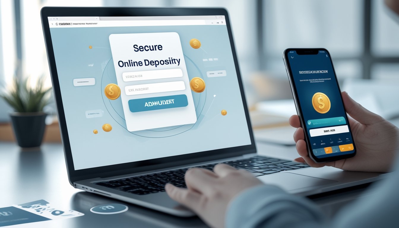 Seorang pengguna sedang mengoperasikan laptop dan smartphone di meja kerja modern, menunjukkan proses pendaftaran akun dan deposit cepat untuk layanan togel online.