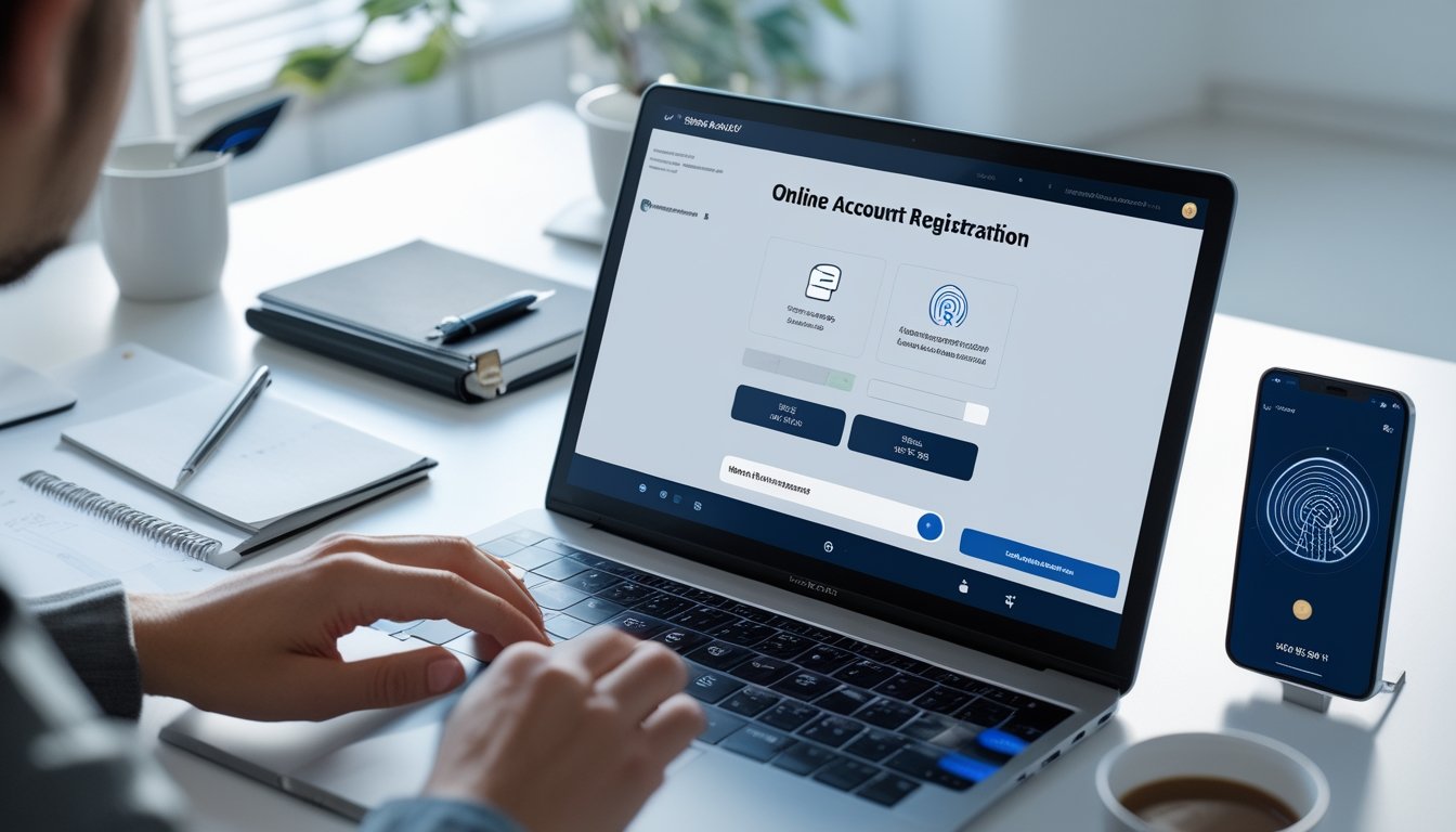 Seseorang mengetik di laptop dengan layar menampilkan aplikasi pembayaran digital, di meja terdapat ponsel dengan layar login dan beberapa alat tulis.