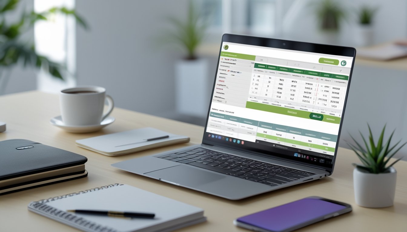 Seorang profesional bekerja di depan laptop dengan tampilan situs togel online, dikelilingi oleh kopi, ponsel, dan alat tulis di meja kerja yang rapi.