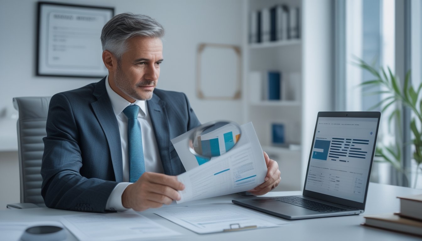 Seorang pria sedang duduk di meja kantor, memeriksa dokumen dan layar laptop dengan ekspresi serius, menggambarkan proses menilai legalitas dan reputasi platform online.