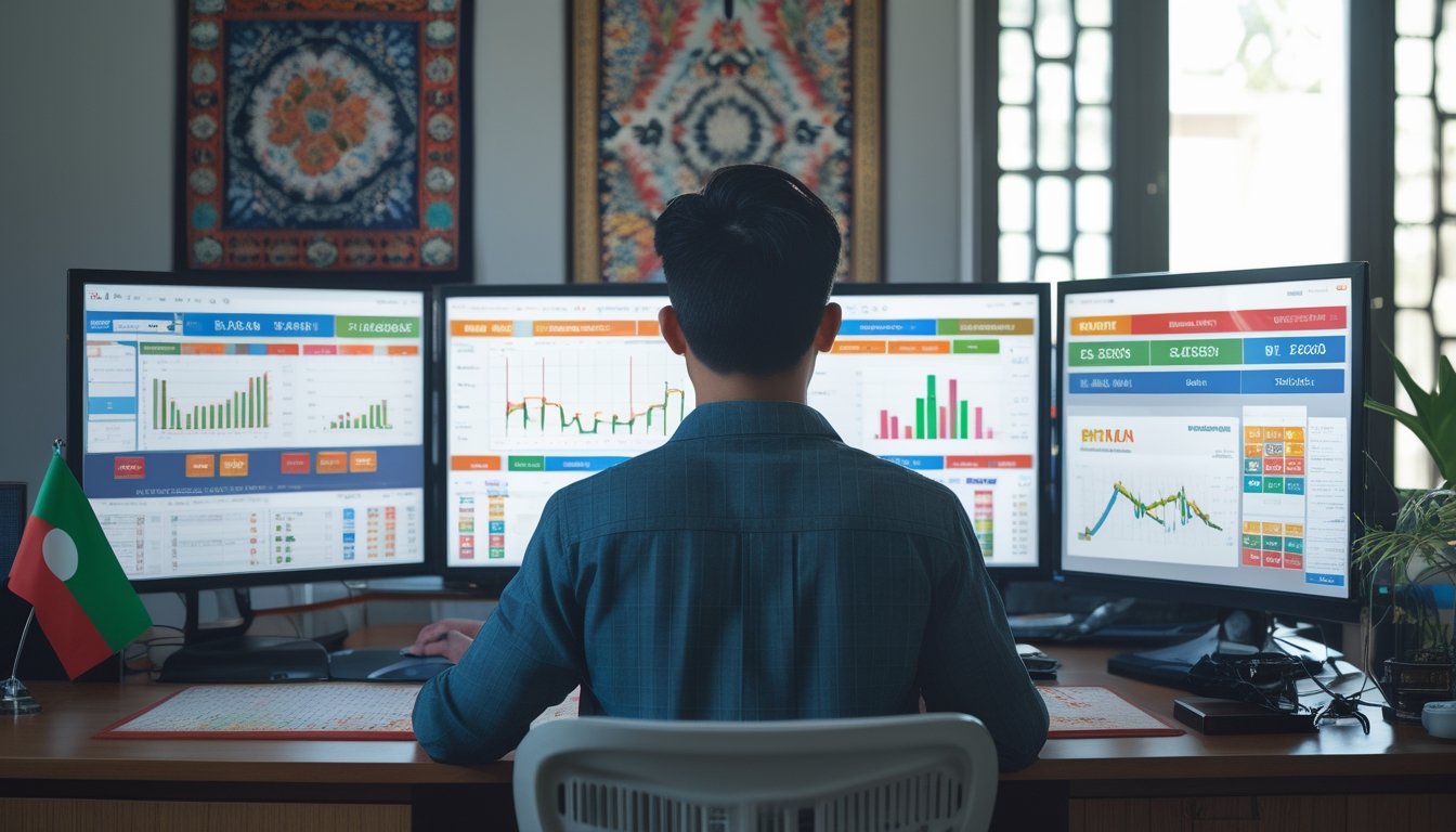 Seorang pria muda di ruang kerja modern sedang menganalisis data permainan togel online dengan layar komputer yang menampilkan grafik dan angka, di latar belakang terdapat hiasan batik dan bendera Indonesia kecil di meja.