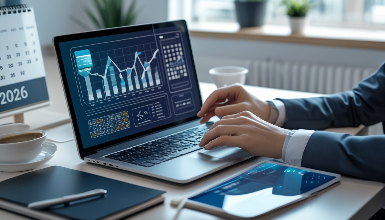 Orang sedang bekerja di meja dengan laptop dan tablet, menganalisis data keuangan dalam suasana kantor yang rapi.