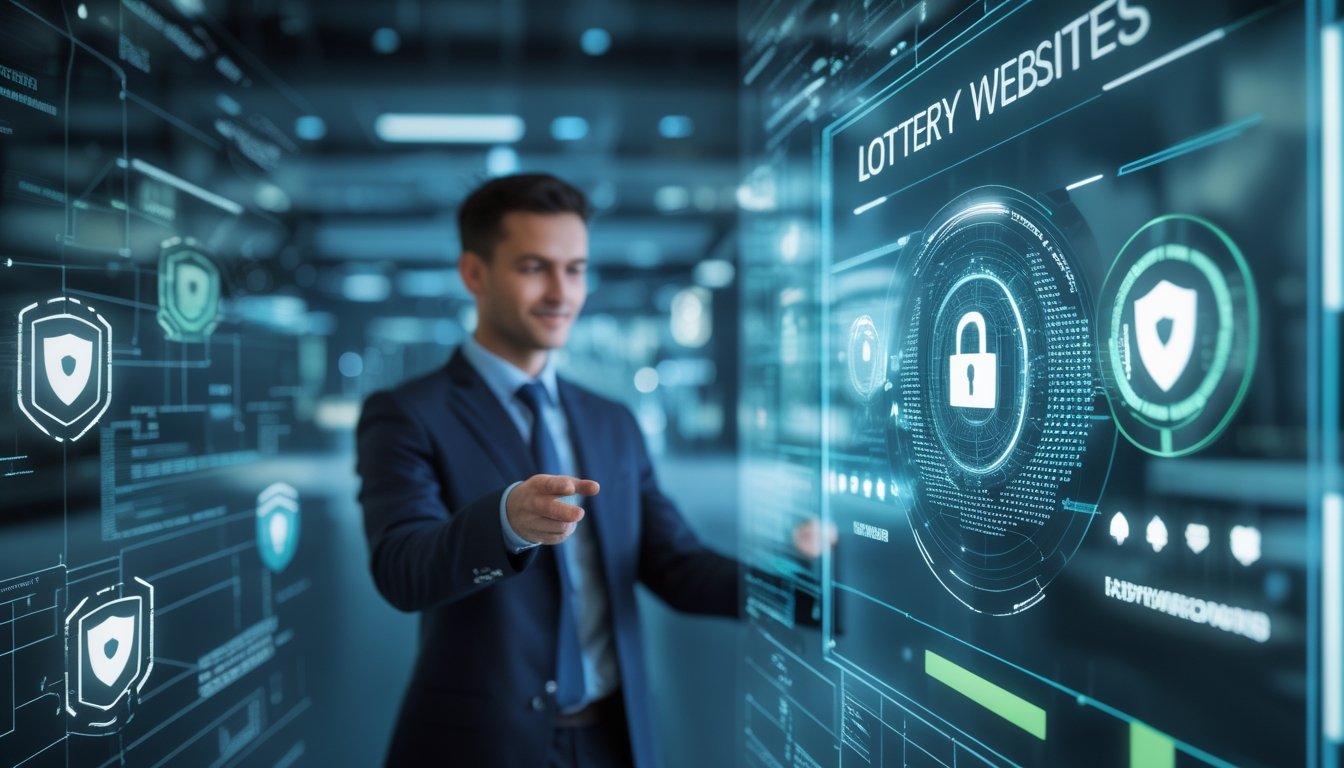 Seorang profesional IT menggunakan layar sentuh holografik dengan simbol keamanan digital dan data terenkripsi di latar belakang futuristik.