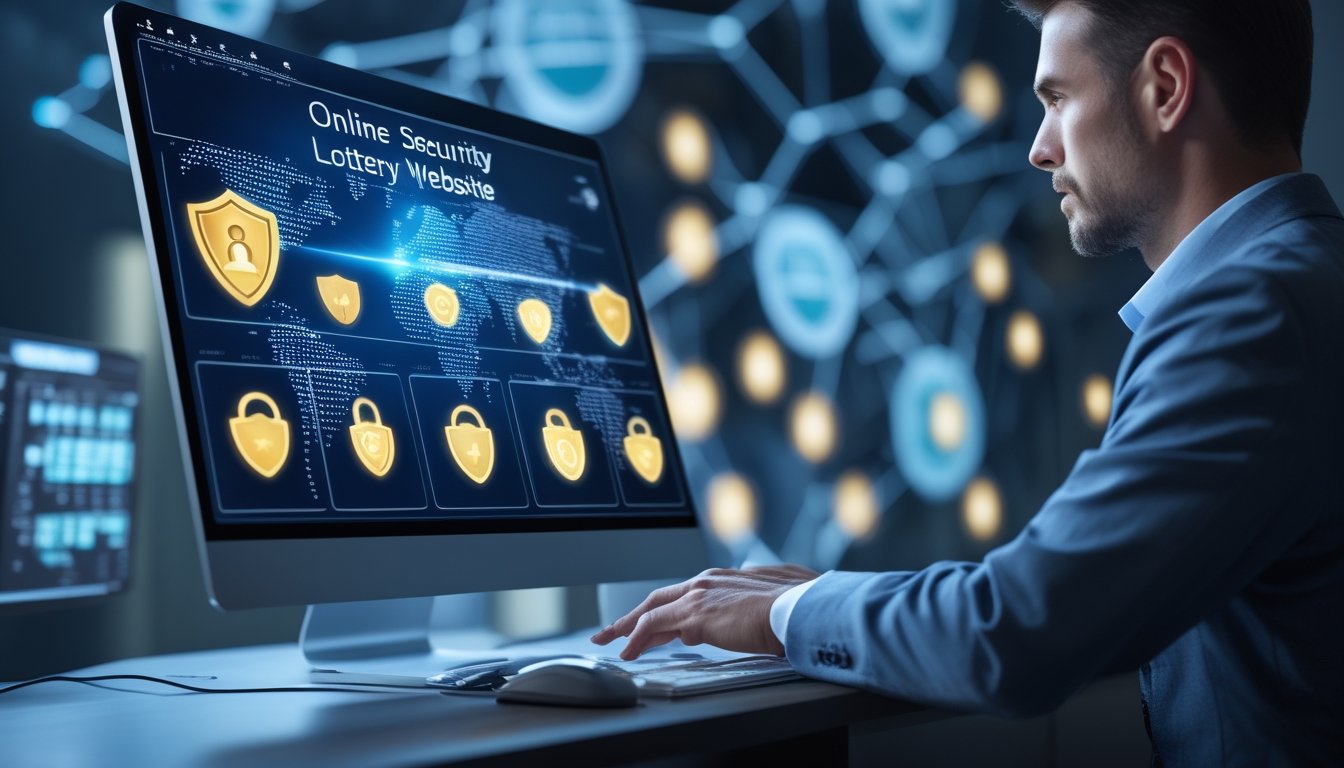 Seorang profesional menggunakan layar sentuh komputer dengan ikon keamanan digital yang bersinar, menunjukkan sistem keamanan situs togel online.