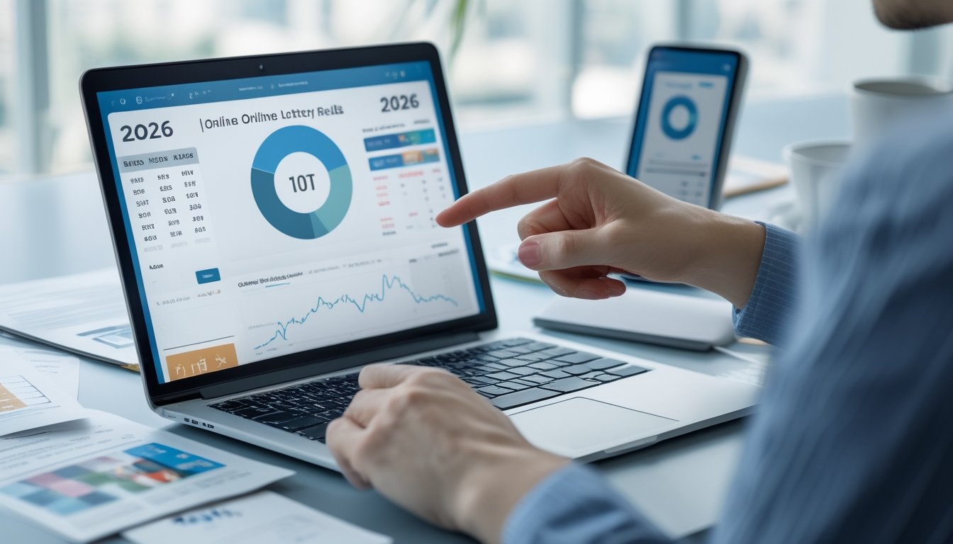 Seorang profesional sedang membaca dan menganalisis data keluaran togel online di meja kerja dengan laptop dan smartphone.