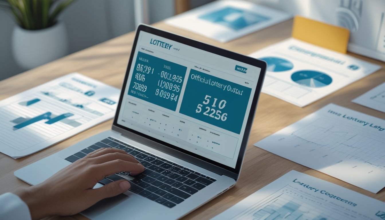 Meja kerja dengan laptop menampilkan grafik dan angka, serta tangan seseorang sedang bekerja dengan data keluaran togel online.
