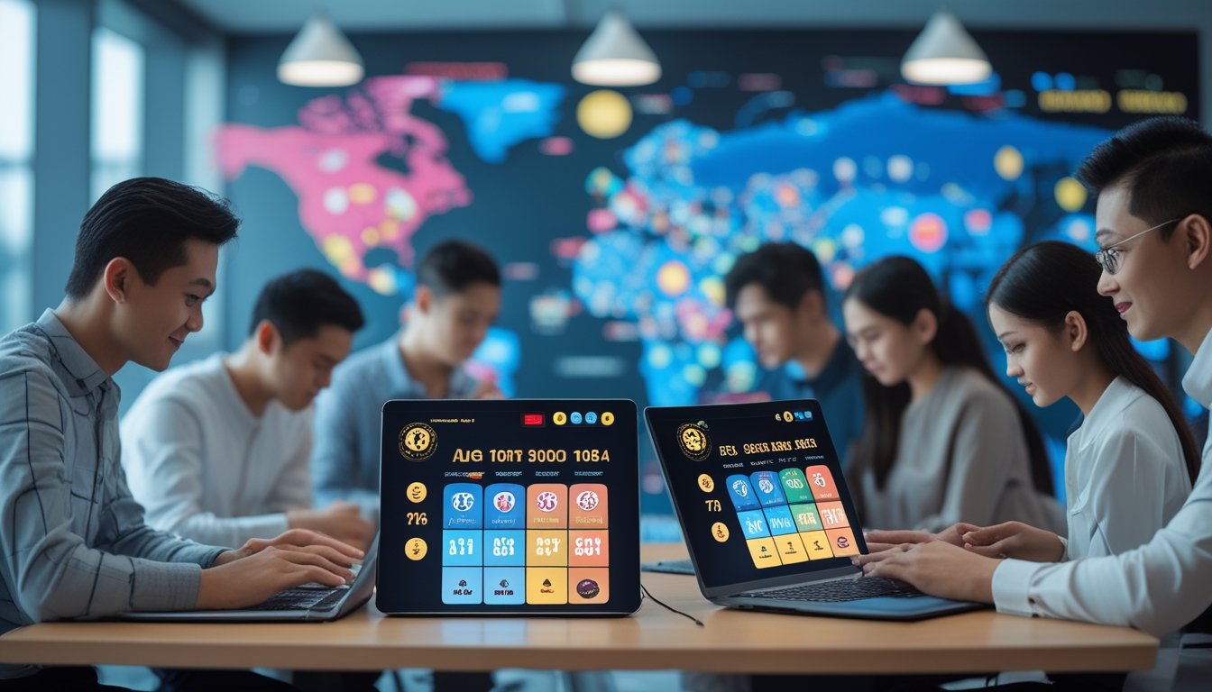 Sekelompok orang menggunakan perangkat digital untuk bermain togel online internasional dengan latar belakang peta dunia dan simbol global.