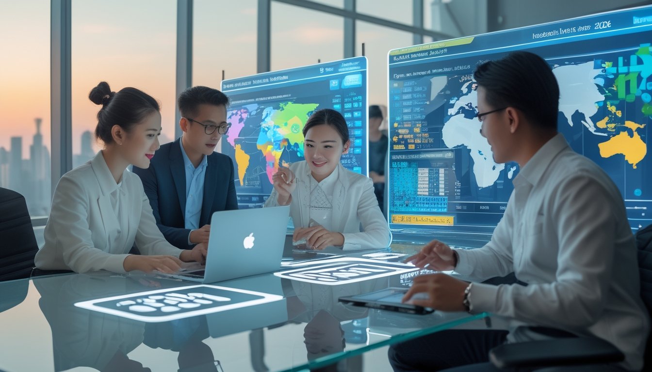 Sekelompok orang muda sedang berdiskusi di ruang kantor modern dengan layar digital menampilkan grafik dan peta pasar togel internasional.