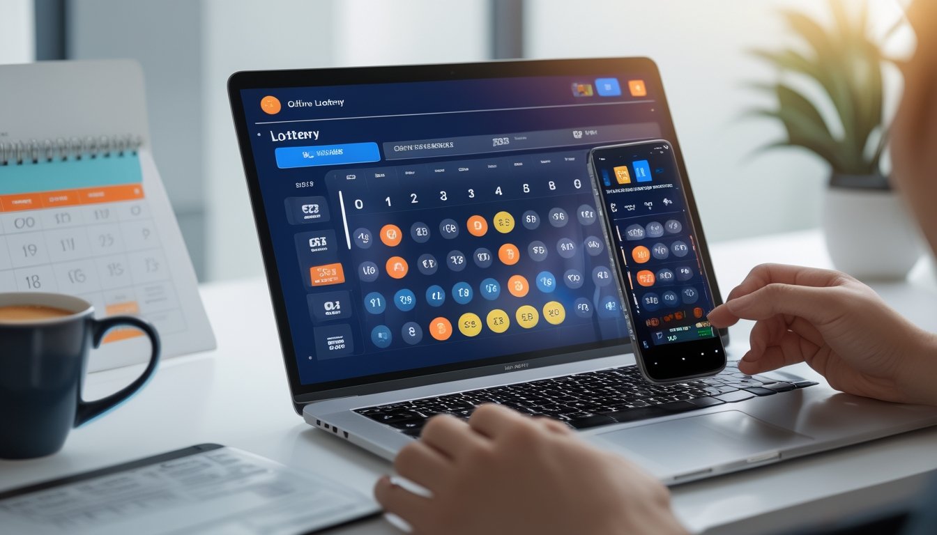 Seseorang menggunakan laptop dan ponsel untuk bermain togel online di meja kerja dengan suasana terang dan rapi.
