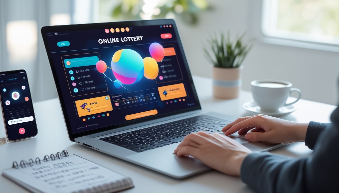 Meja kerja dengan laptop yang menampilkan antarmuka permainan togel online, tangan siap mengetik, dan beberapa alat tulis di sekitarnya.