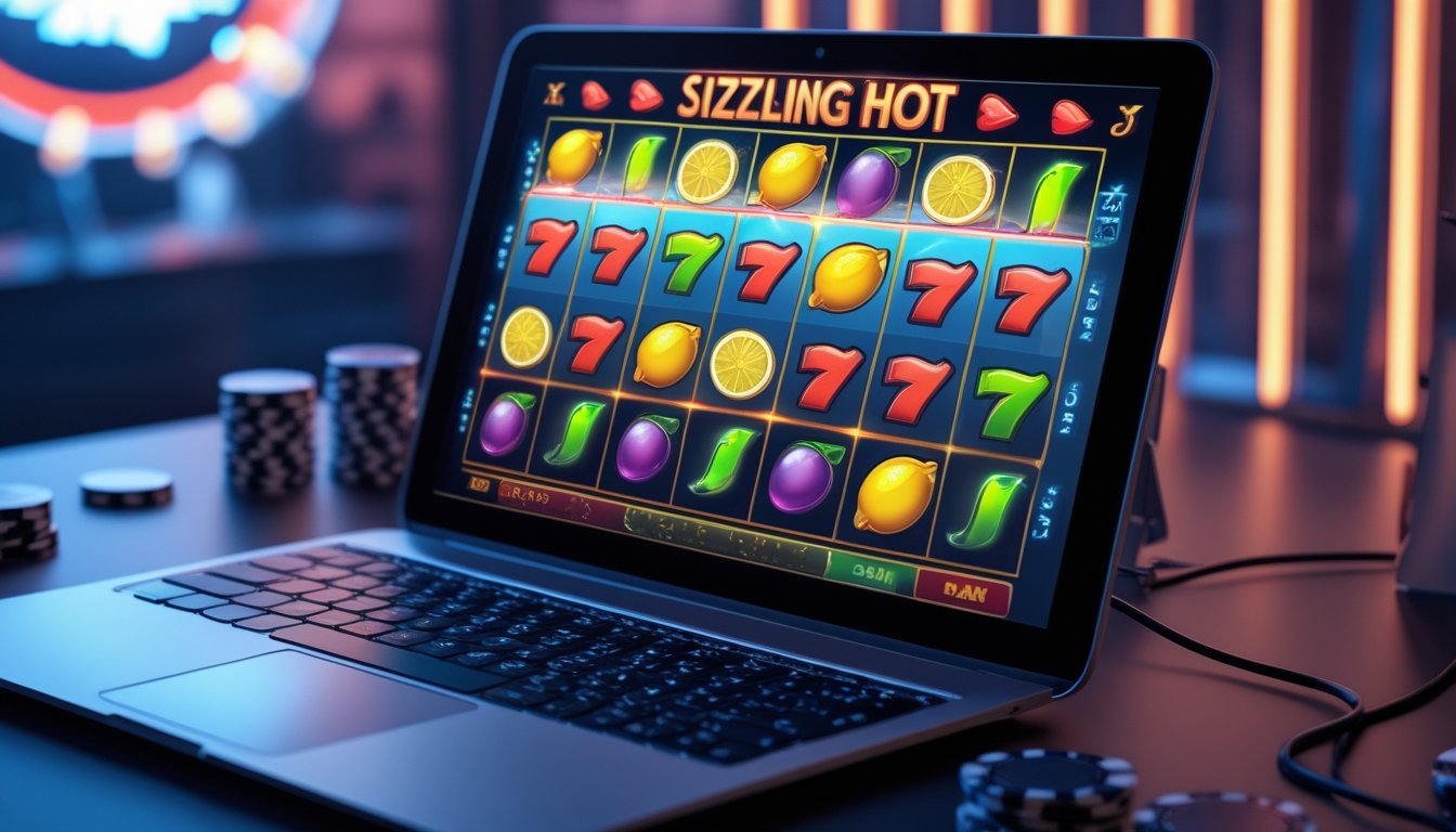 Seseorang sedang bermain mesin slot online dengan simbol buah berwarna-warni di layar komputer di meja modern.