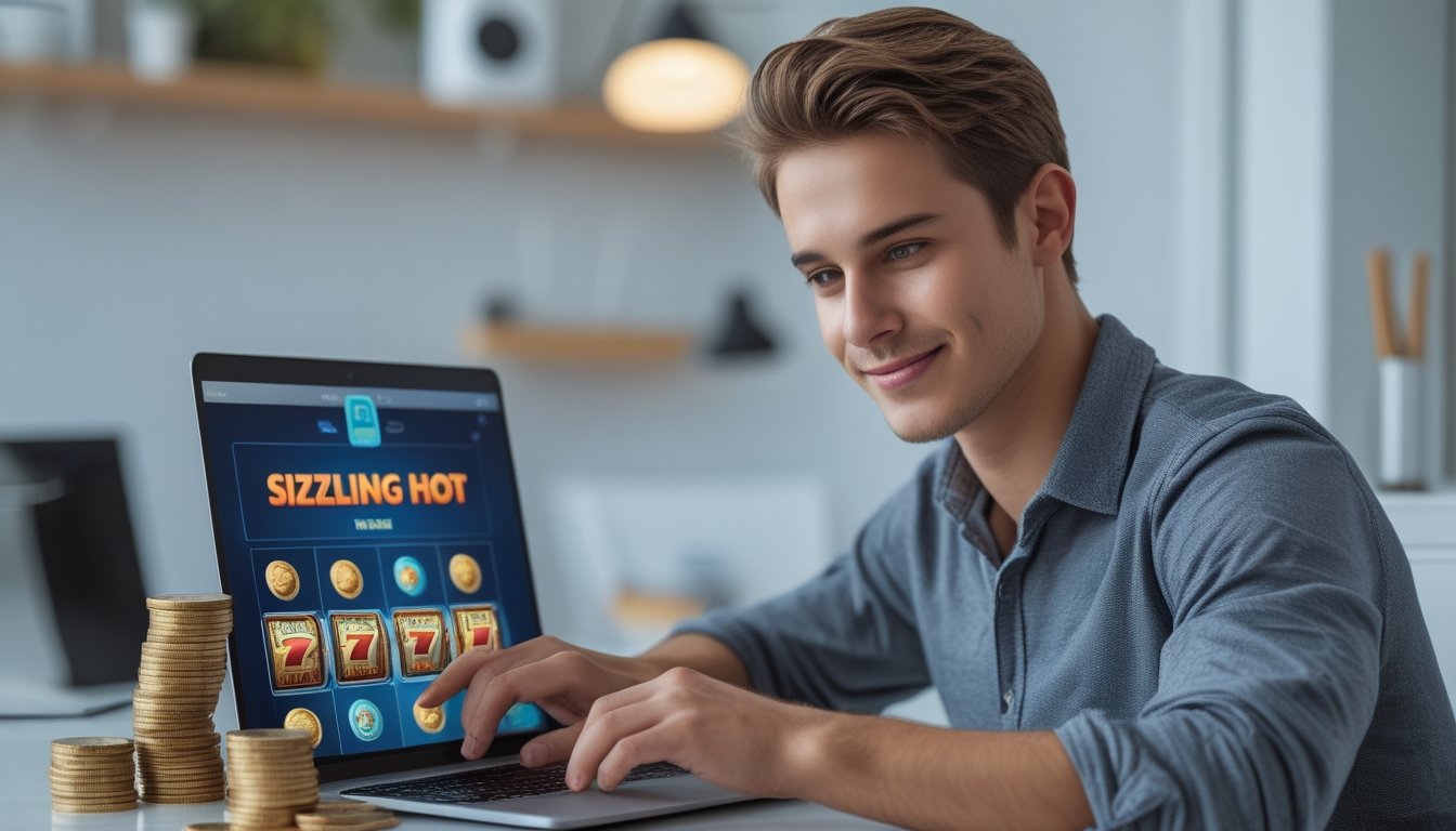Seorang dewasa muda sedang bermain permainan slot online di laptop di ruang kerja rumah yang rapi dan terang.