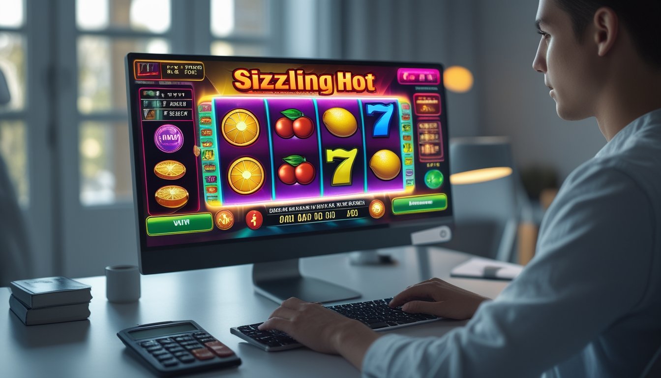 Seseorang sedang bermain mesin slot online dengan simbol buah di layar komputer, duduk di meja dengan kalkulator dan buku catatan.
