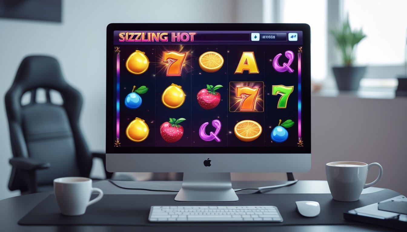 Seorang pemain sedang menggunakan komputer dengan tampilan permainan slot klasik Sizzling Hot yang berwarna cerah di ruangan modern.