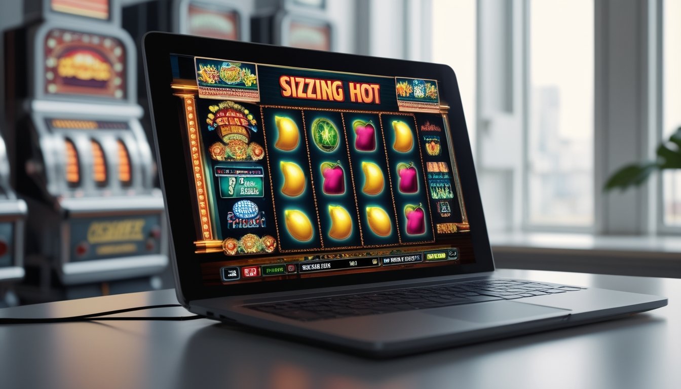 Layar perangkat digital menampilkan permainan slot dengan simbol buah berwarna cerah dan latar belakang mesin slot klasik yang pudar, menggambarkan evolusi permainan slot.
