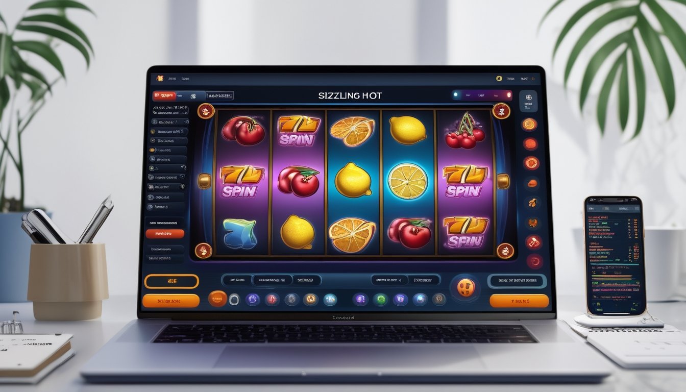Seorang pemain sedang menggunakan komputer dengan tampilan permainan slot buah warna-warni, dikelilingi oleh alat tulis dan ponsel yang menampilkan grafik, di meja kerja yang rapi dan terang.