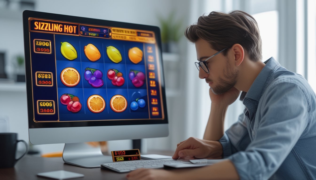 Seseorang duduk di depan komputer yang menampilkan permainan slot Sizzling Hot dengan simbol buah berwarna-warni, sedang menganalisis strategi permainan di ruangan yang rapi dan terang.