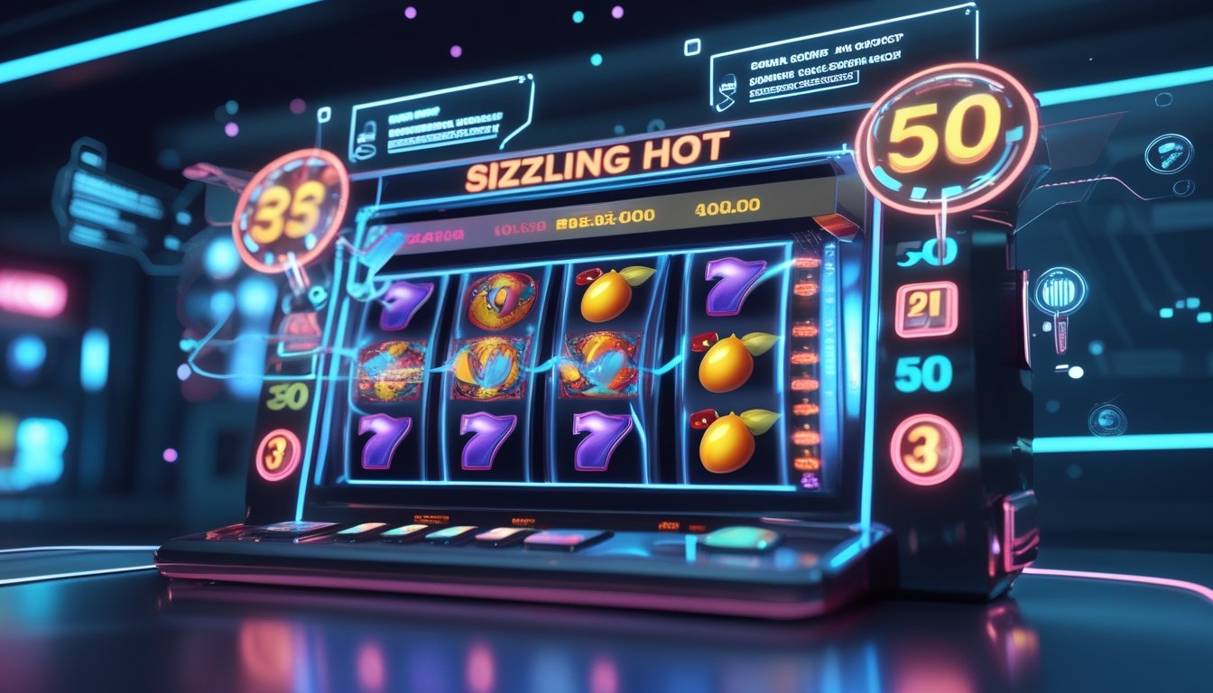 Tampilan mesin slot digital dengan simbol buah berwarna cerah dan elemen holografik yang menyoroti fitur baru dalam permainan slot online.