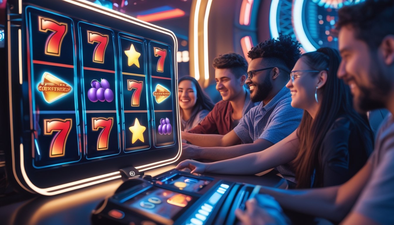 Orang-orang bermain mesin slot online terbaru dengan tampilan layar digital berwarna cerah dan latar belakang futuristik.