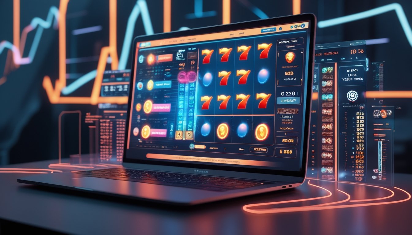 Seorang pemain sedang melihat layar komputer dengan mesin slot online futuristik dan grafik analisis data di sekitarnya.