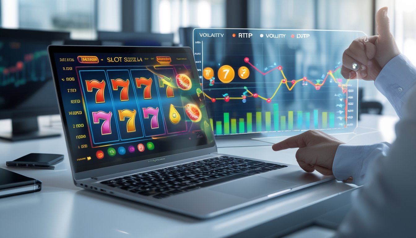 Seseorang sedang menggunakan laptop di meja kerja dengan grafik slot online dan diagram volatilitas serta RTP di layar.