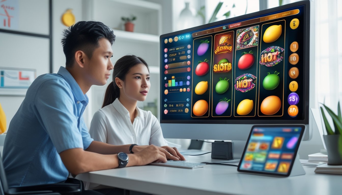 Dua orang Indonesia duduk di depan komputer yang menampilkan permainan slot online dengan simbol buah berwarna-warni, sedang menganalisis tren permainan di ruang kerja modern.