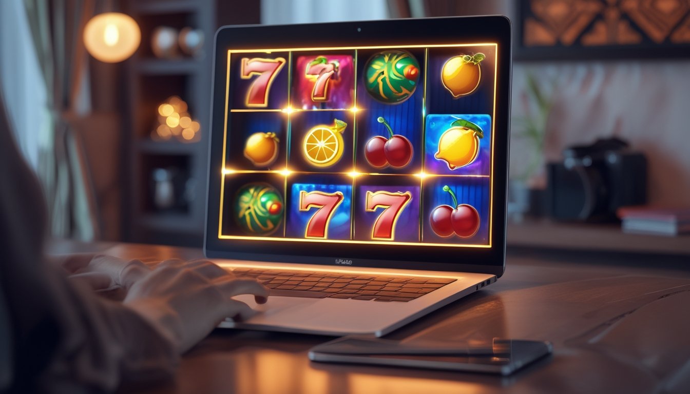 Seorang pemain Indonesia sedang bermain permainan slot online di laptop di dalam ruangan dengan dekorasi tradisional dan suasana yang nyaman.
