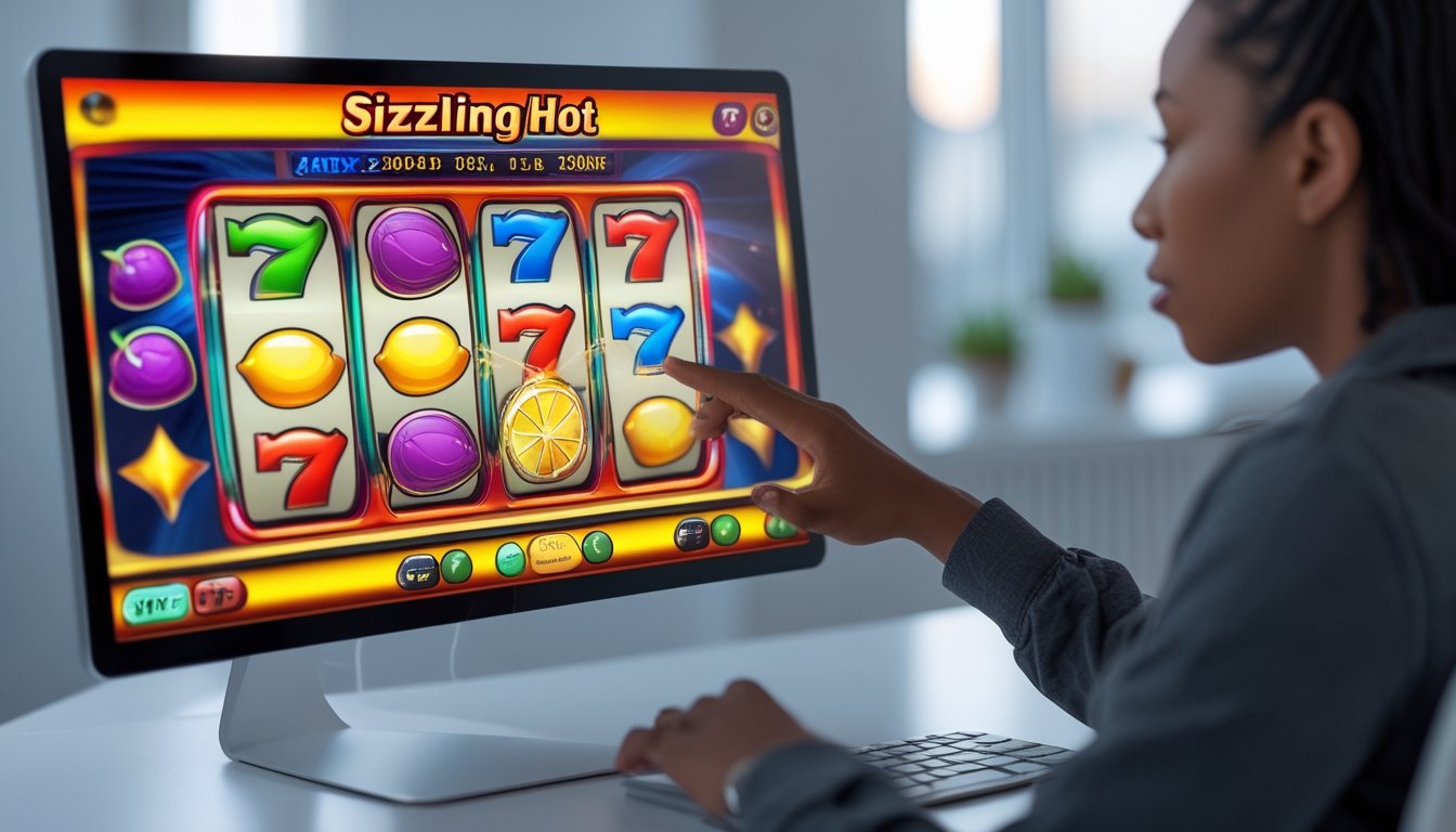 Seseorang sedang bermain permainan slot online di depan komputer dengan tampilan layar penuh simbol buah warna-warni.