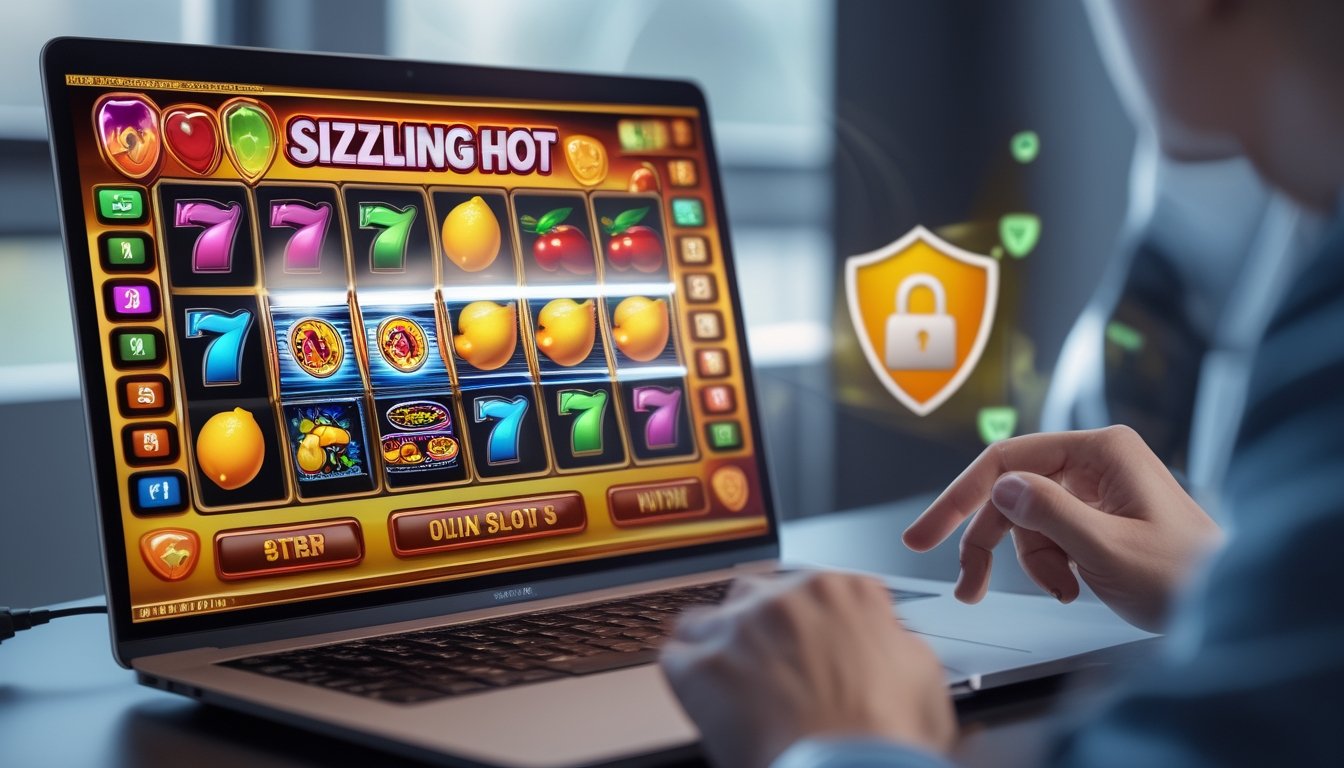 Seseorang bermain permainan slot online Sizzling Hot di laptop dengan simbol buah warna-warni di layar di dalam ruangan yang terang dan modern.