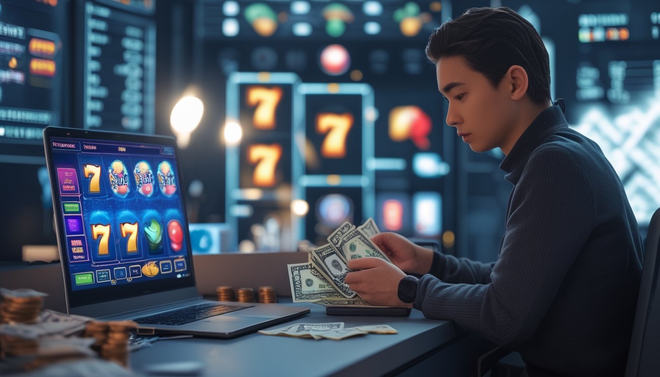 Seseorang sedang mengelola uang sambil bermain permainan slot online di depan laptop dengan simbol buah dan angka tujuh di layar.